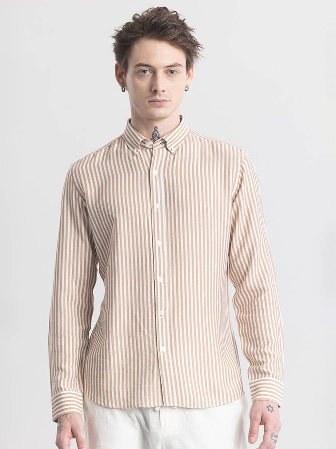MANCLUB Men Striped Casual Brown, White Shirt - Image 5