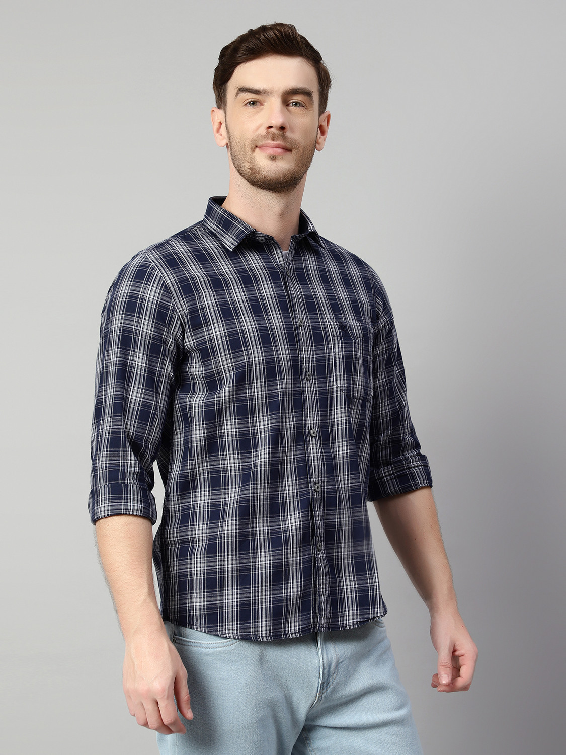 Image of CANTABIL Men Checkered Casual Blue Shirt
