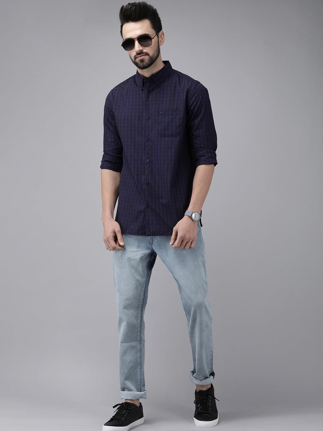 Image of THE BEAR HOUSE Men Checkered Casual Blue Shirt