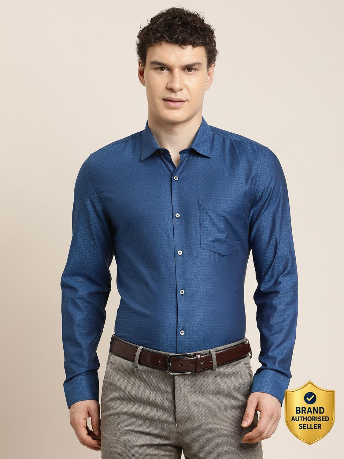 Image of TURTLE Men Self Design Formal Blue Shirt