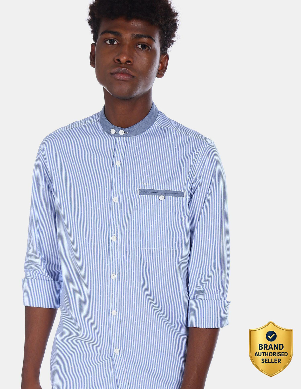 Image of FLYING MACHINE Men Striped Casual White, Blue Shirt