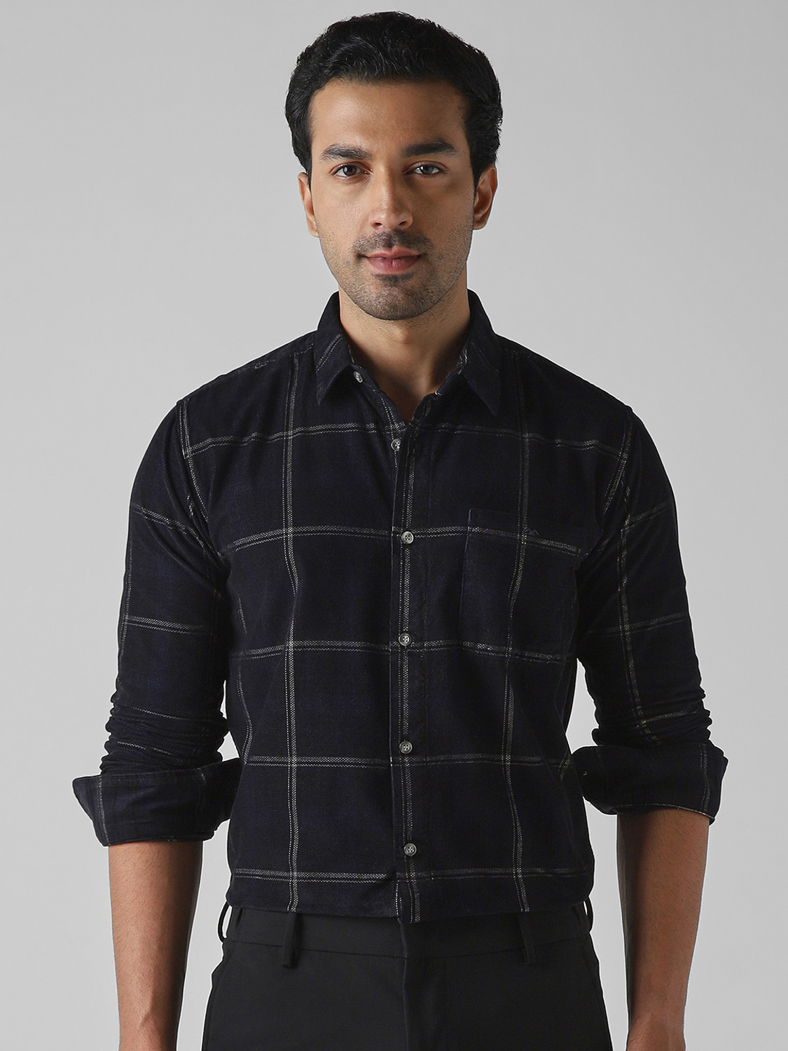 Image of MUFTI Men Checkered Casual Black Shirt