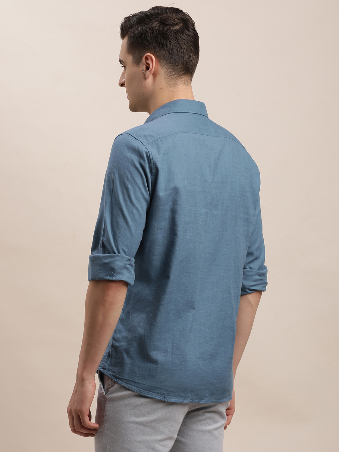 Image of TURTLE Men Solid Casual Blue Shirt