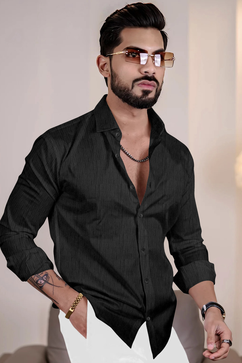 Image of VELLOSTA Men Self Design Casual Black Shirt