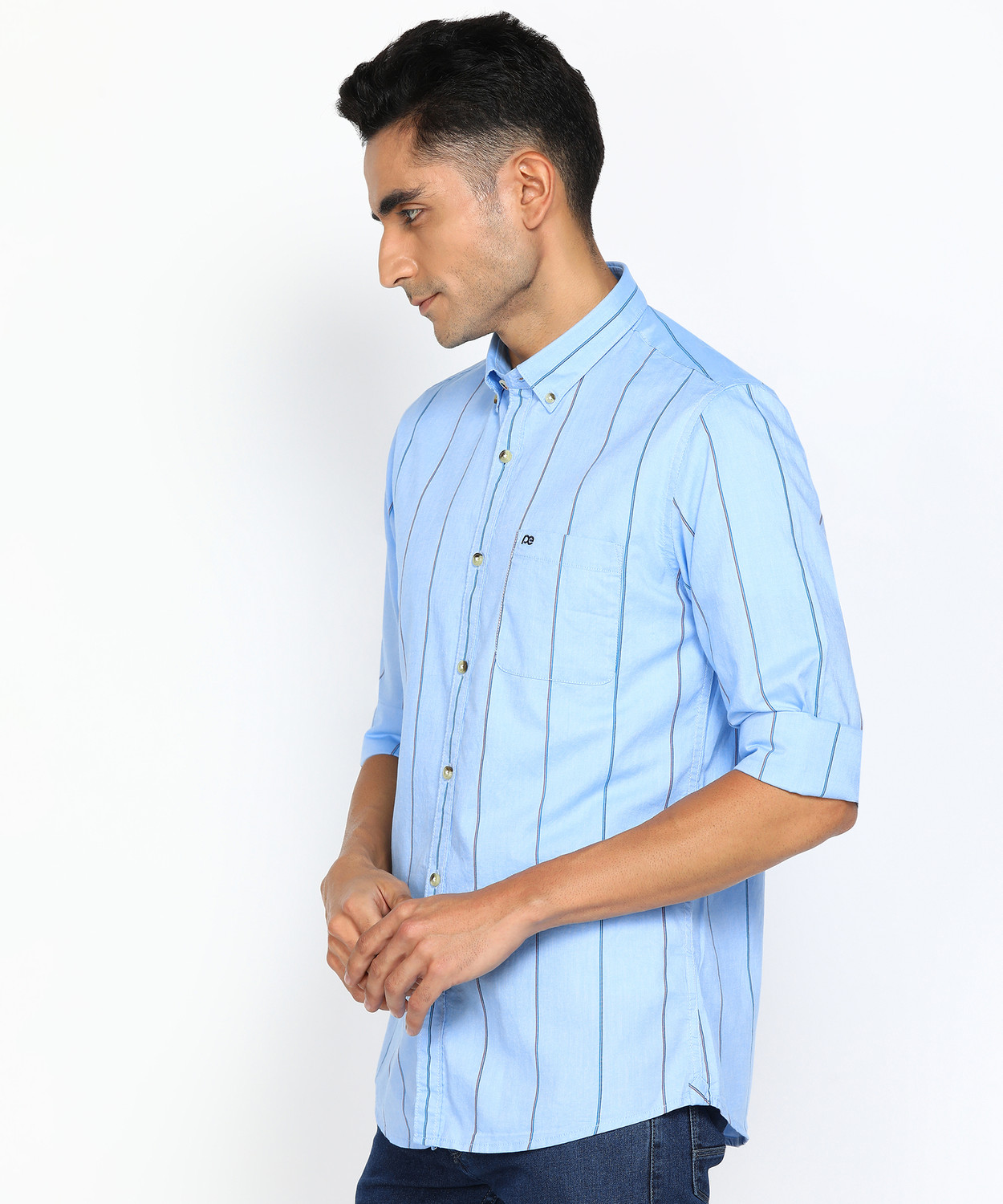 Image of PETER ENGLAND Men Striped Casual Light Blue Shirt