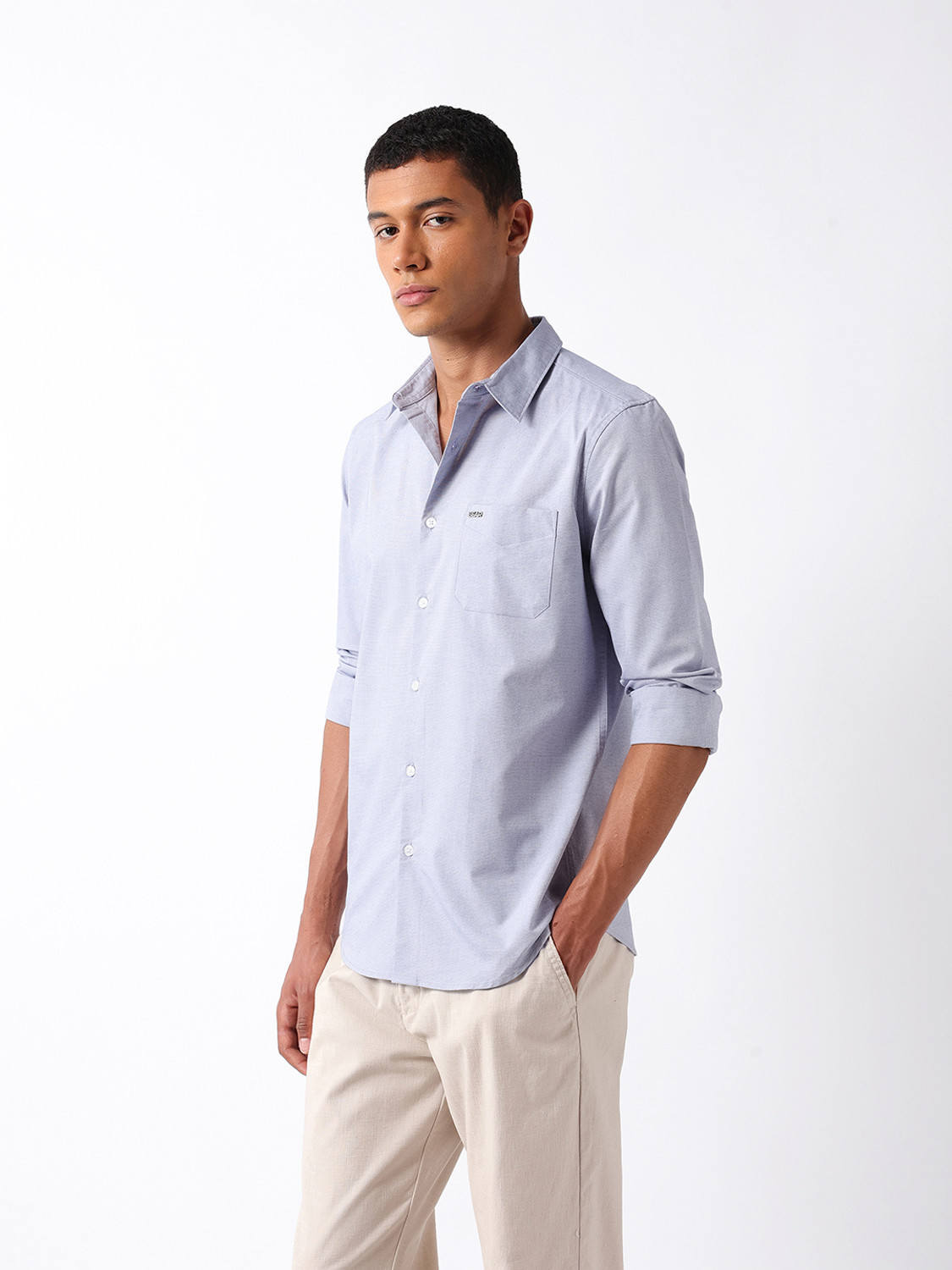 Image of THE BEAR HOUSE Men Solid Casual Blue Shirt