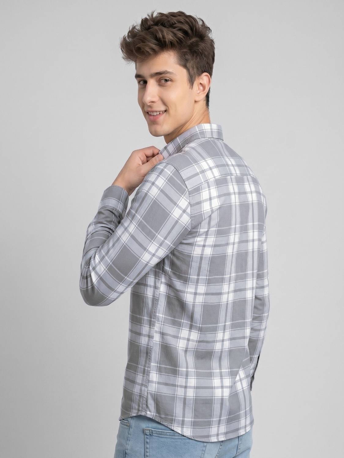Shimak Men Checkered Casual Blue, Grey Shirt - Image 5