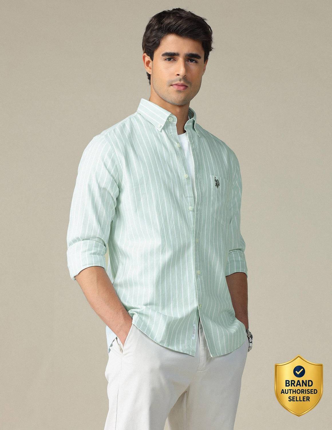 U.S. POLO ASSN. Men Green Striped Casual Shirt - Image 1
