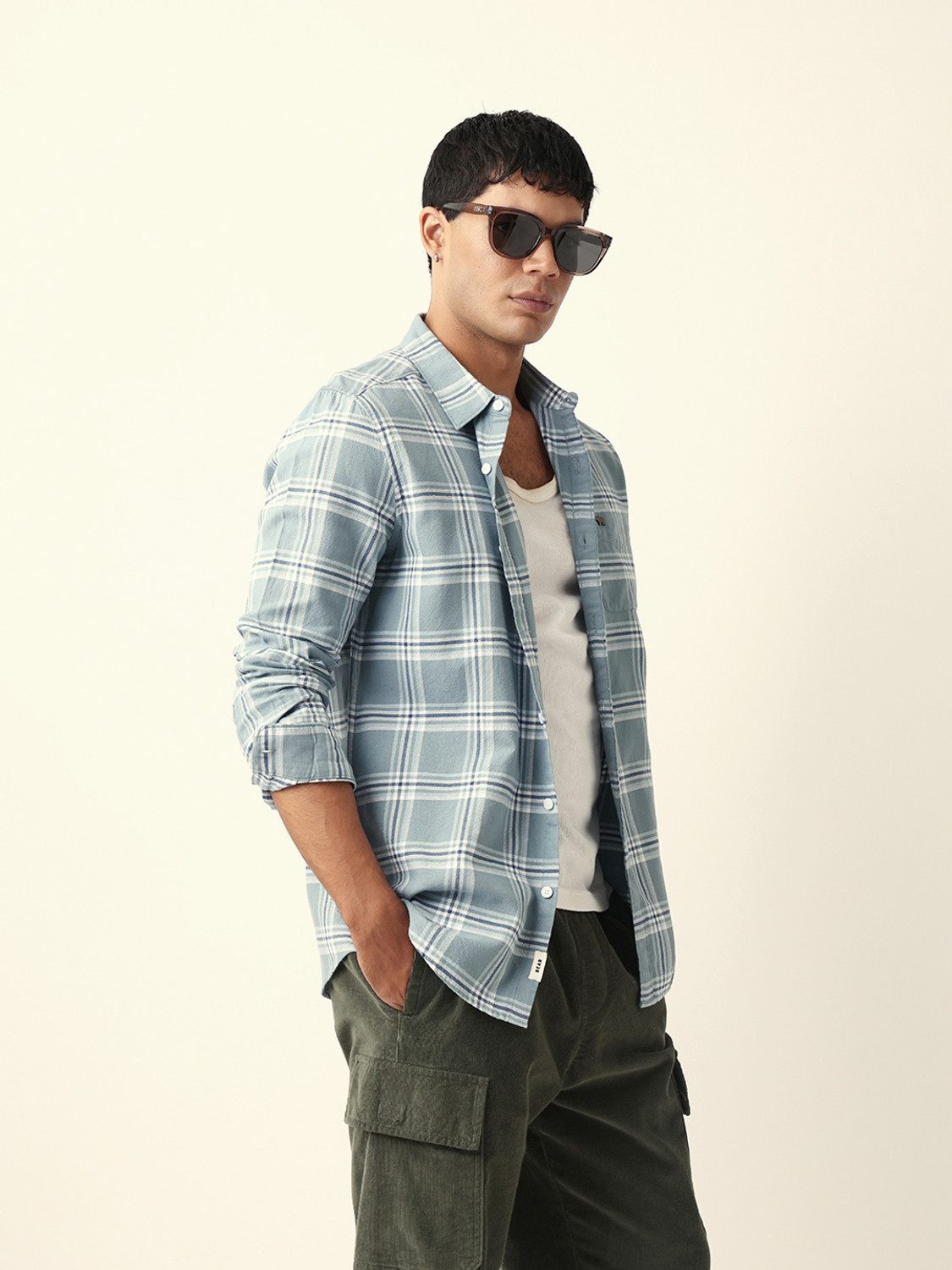 Image of THE BEAR HOUSE Men Checkered Casual Light Blue Shirt