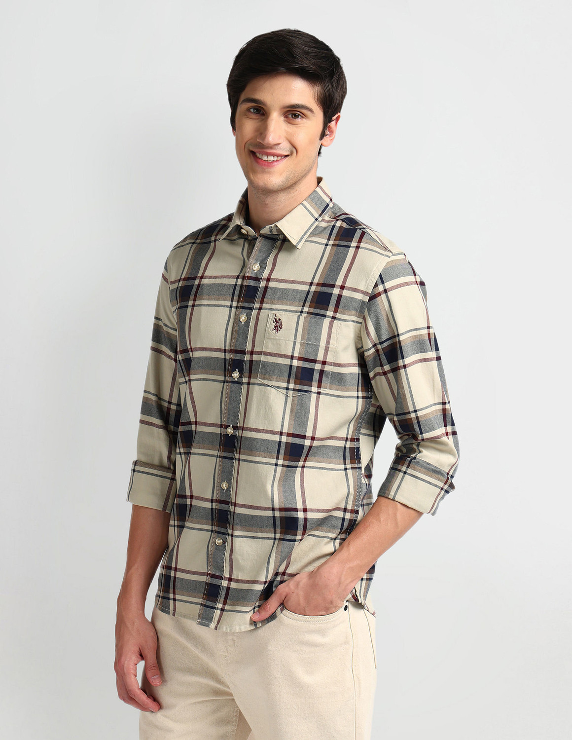 Image of U.S. POLO ASSN. Men Checkered Casual Beige Shirt