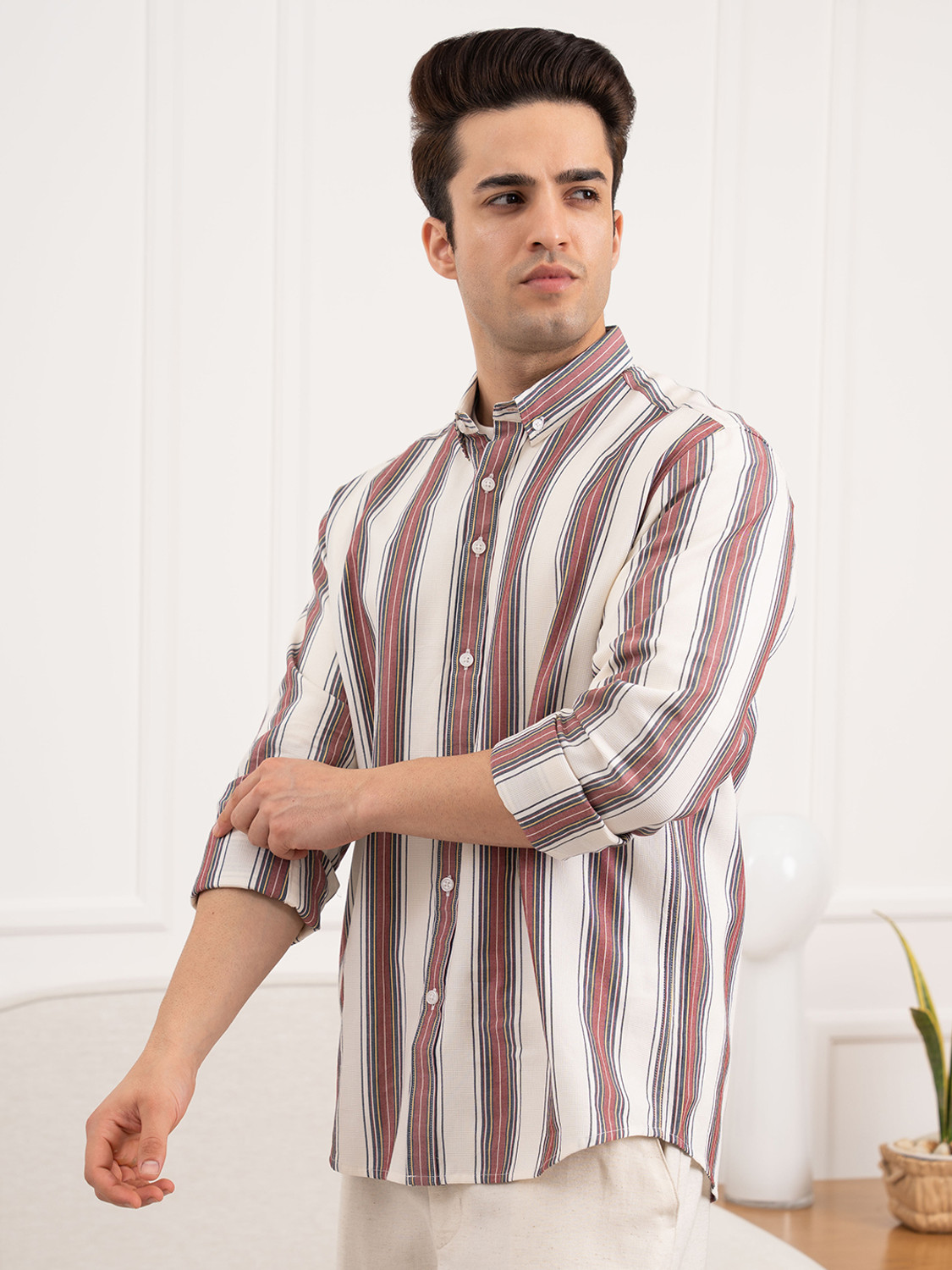 Image of RED TAPE Men Striped Casual Maroon Shirt