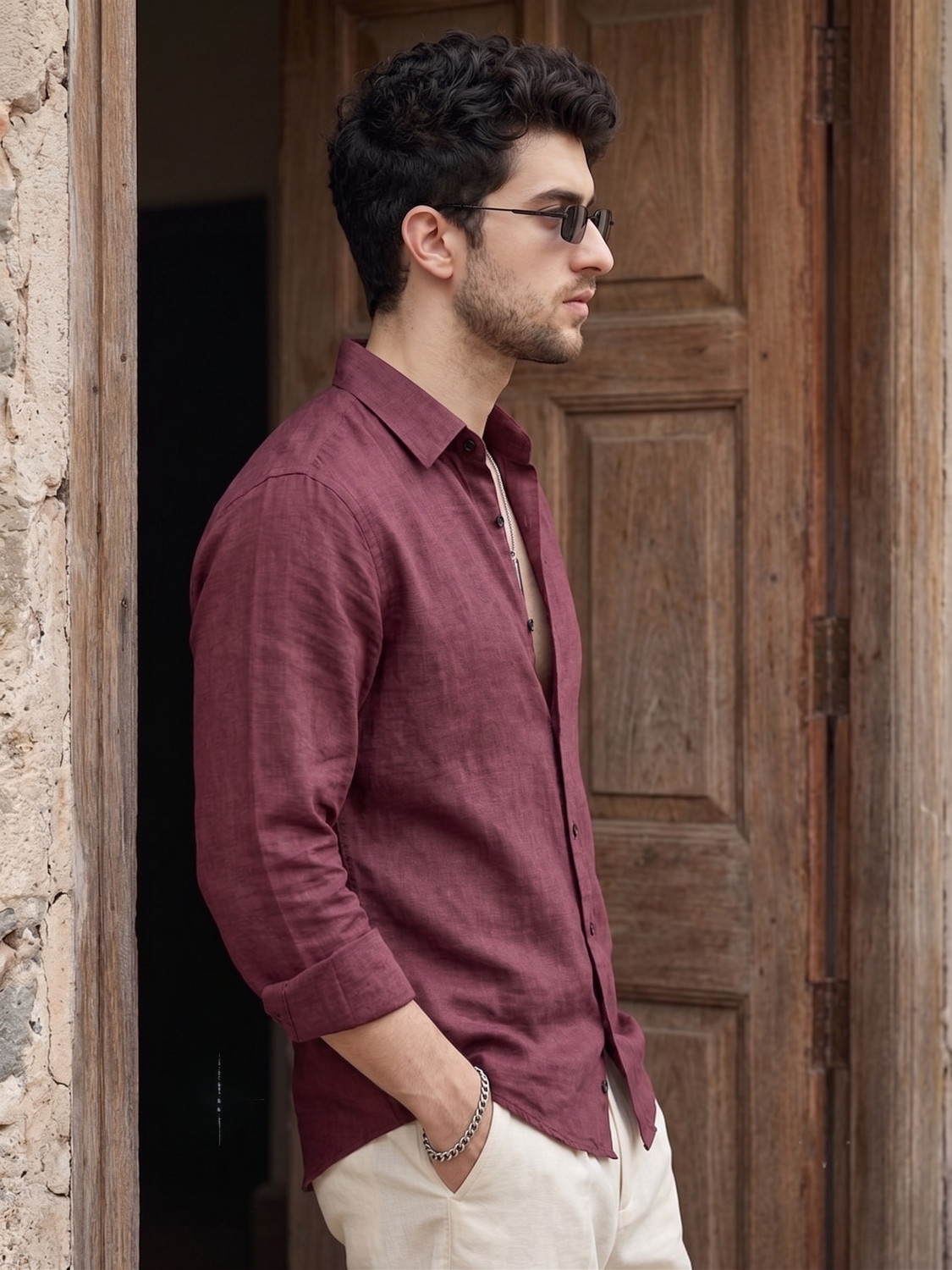 Image of STONEBERG Men Solid Formal Maroon Shirt