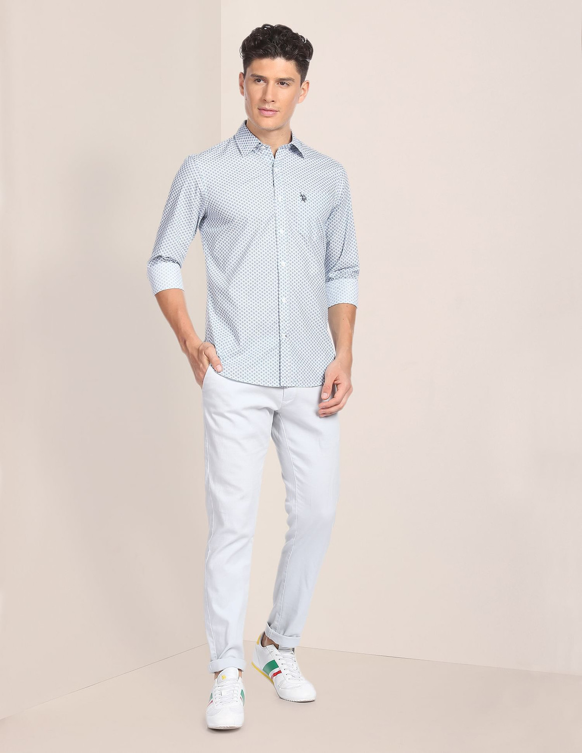 Image of U.S. POLO ASSN. Men Printed Casual White, Grey Shirt