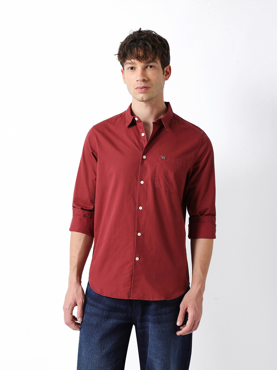 Image of THE BEAR HOUSE Men Solid Casual Brown Shirt