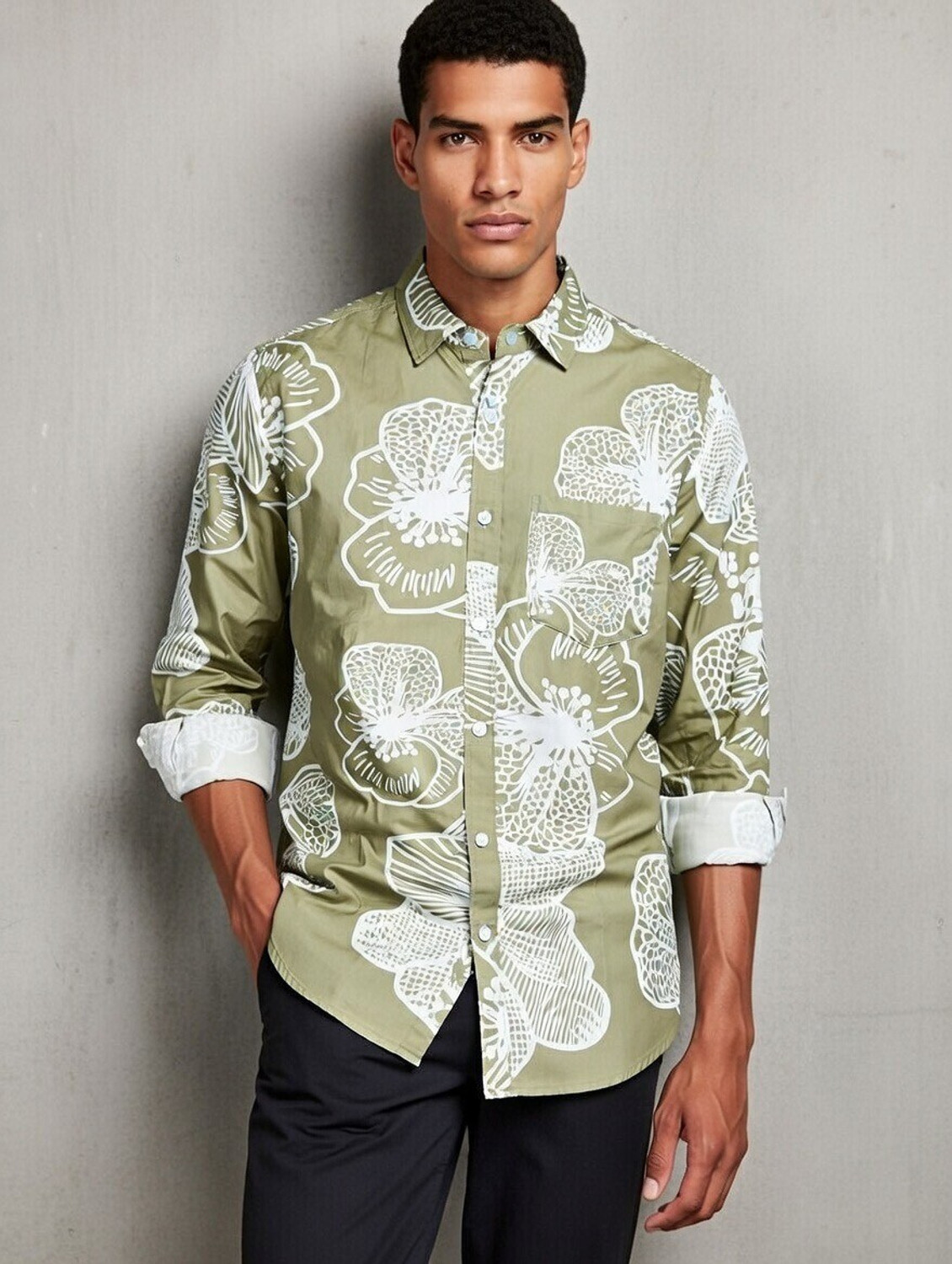 Image of UnM Men Floral Print, Printed Casual Light Green Shirt