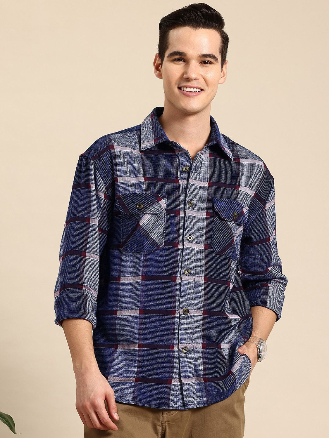 Image of Mast & Harbour Men Checkered Casual Blue Shirt