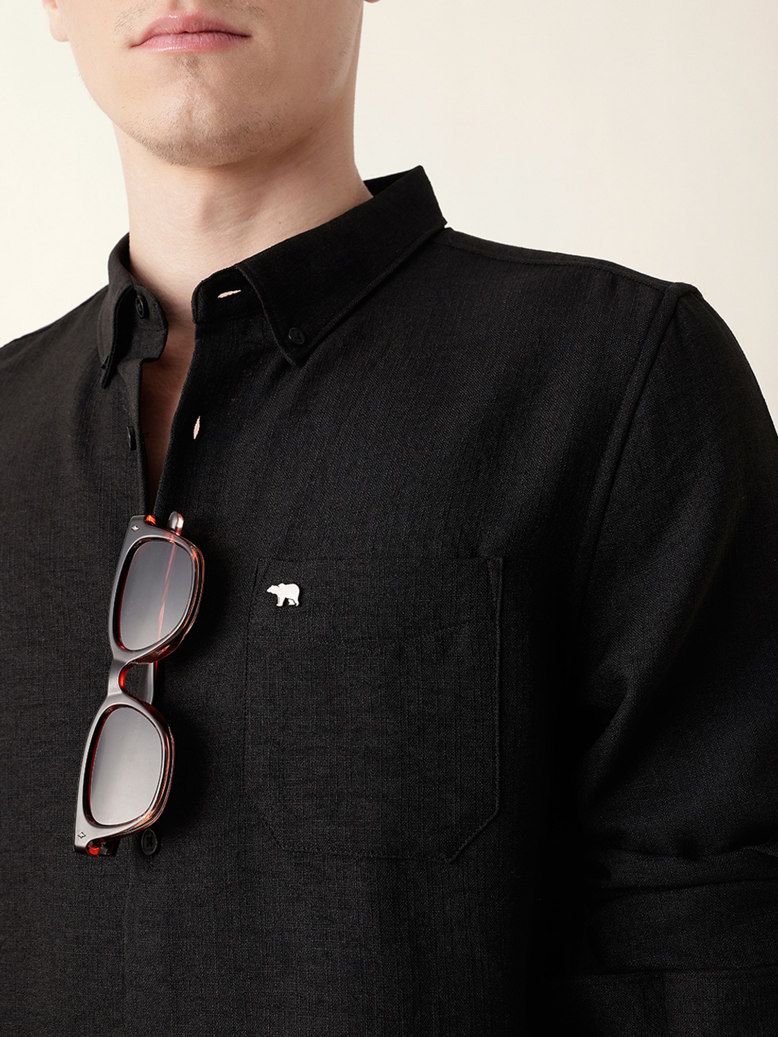 Image of THE BEAR HOUSE Men Solid Casual Black Shirt