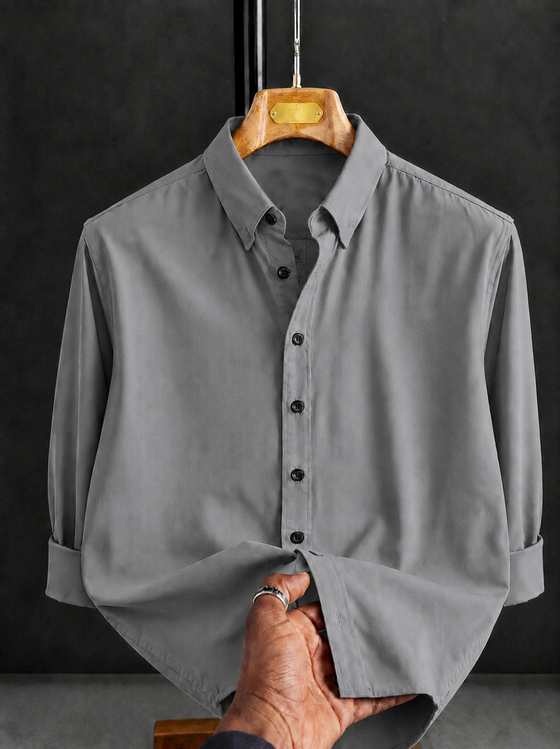 Image of Holdio Men Solid Casual Grey Shirt