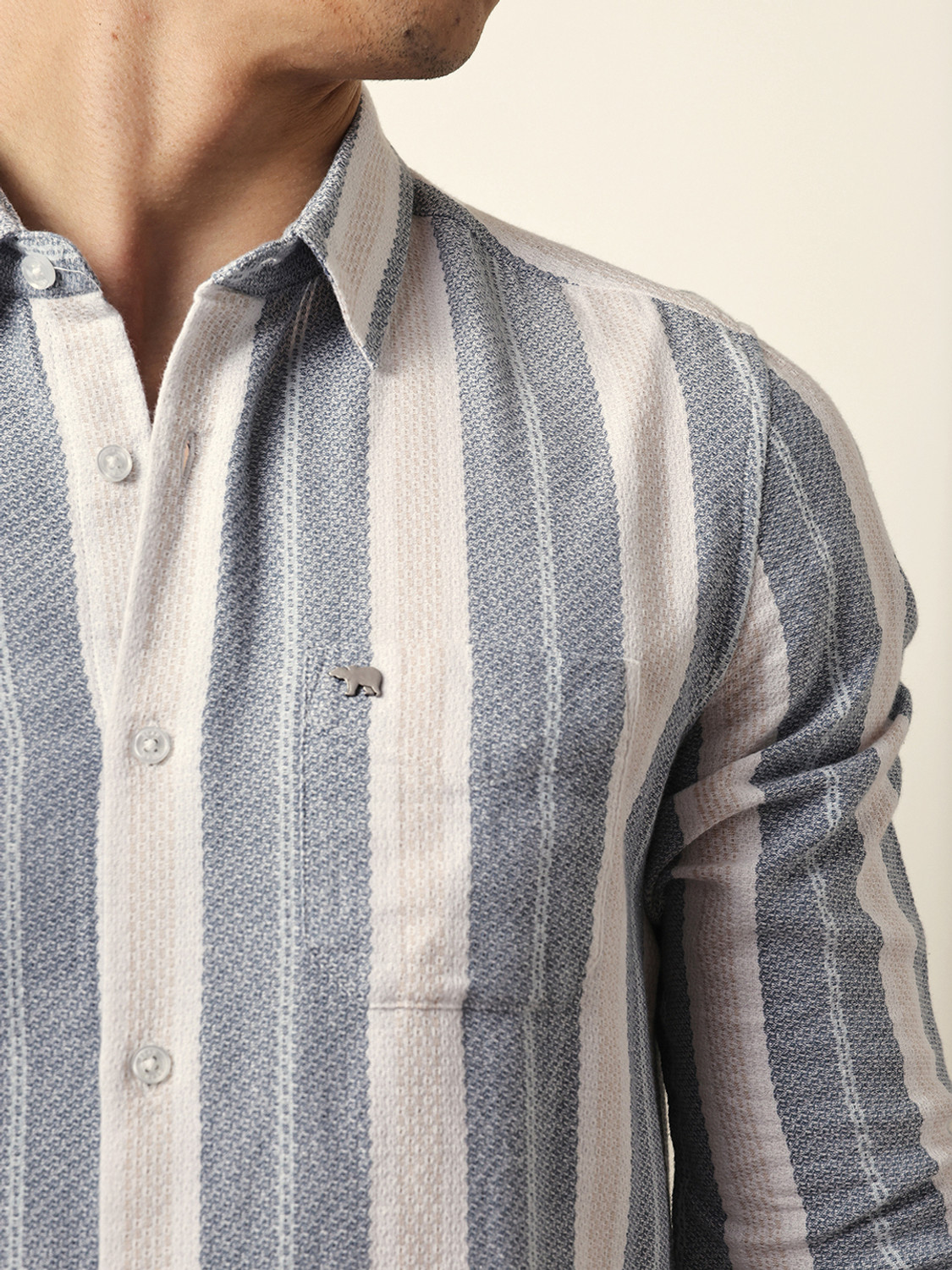 Image of THE BEAR HOUSE Men Striped Casual Grey, White Shirt