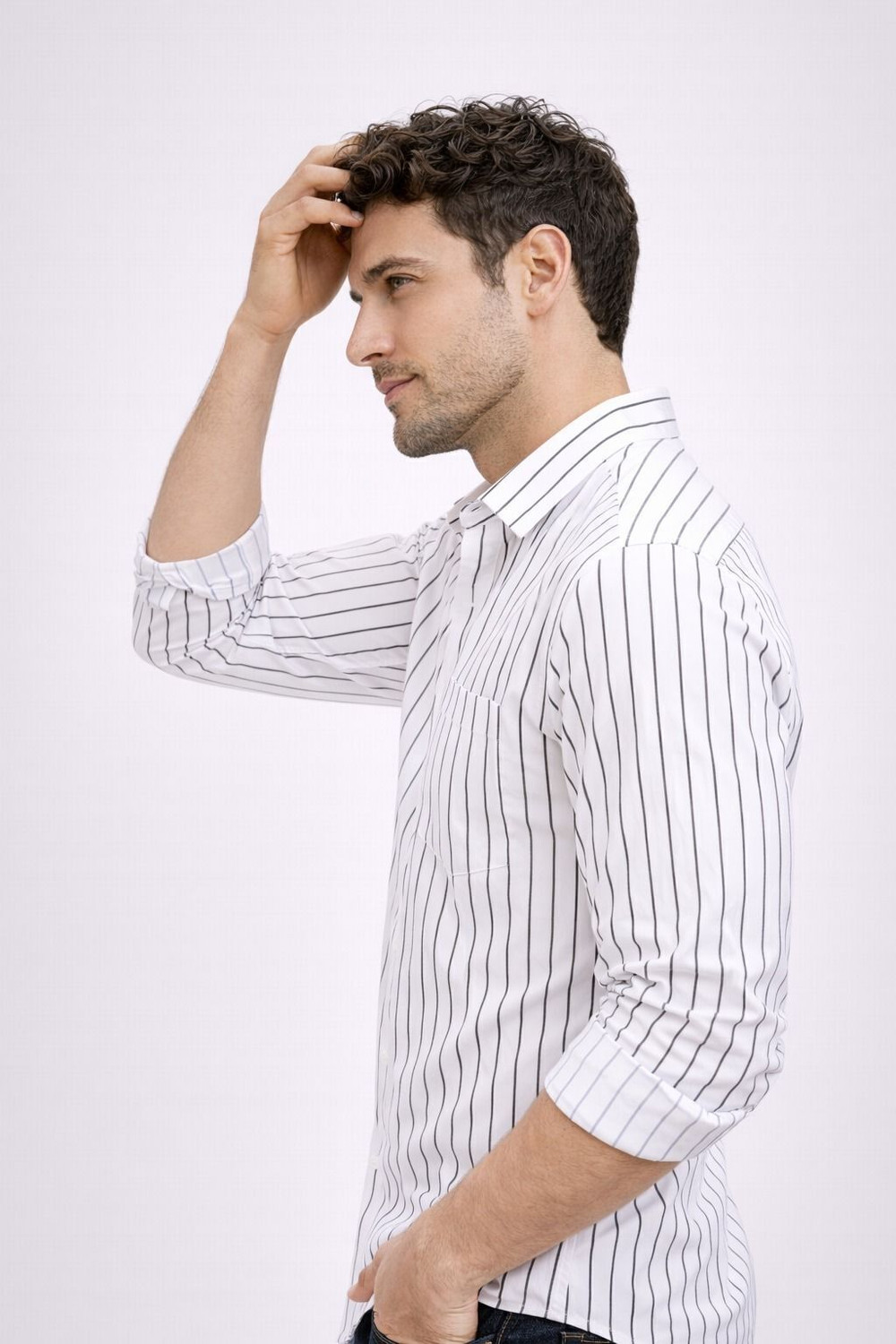 Image of CAMBREEN Men Striped Casual White Shirt