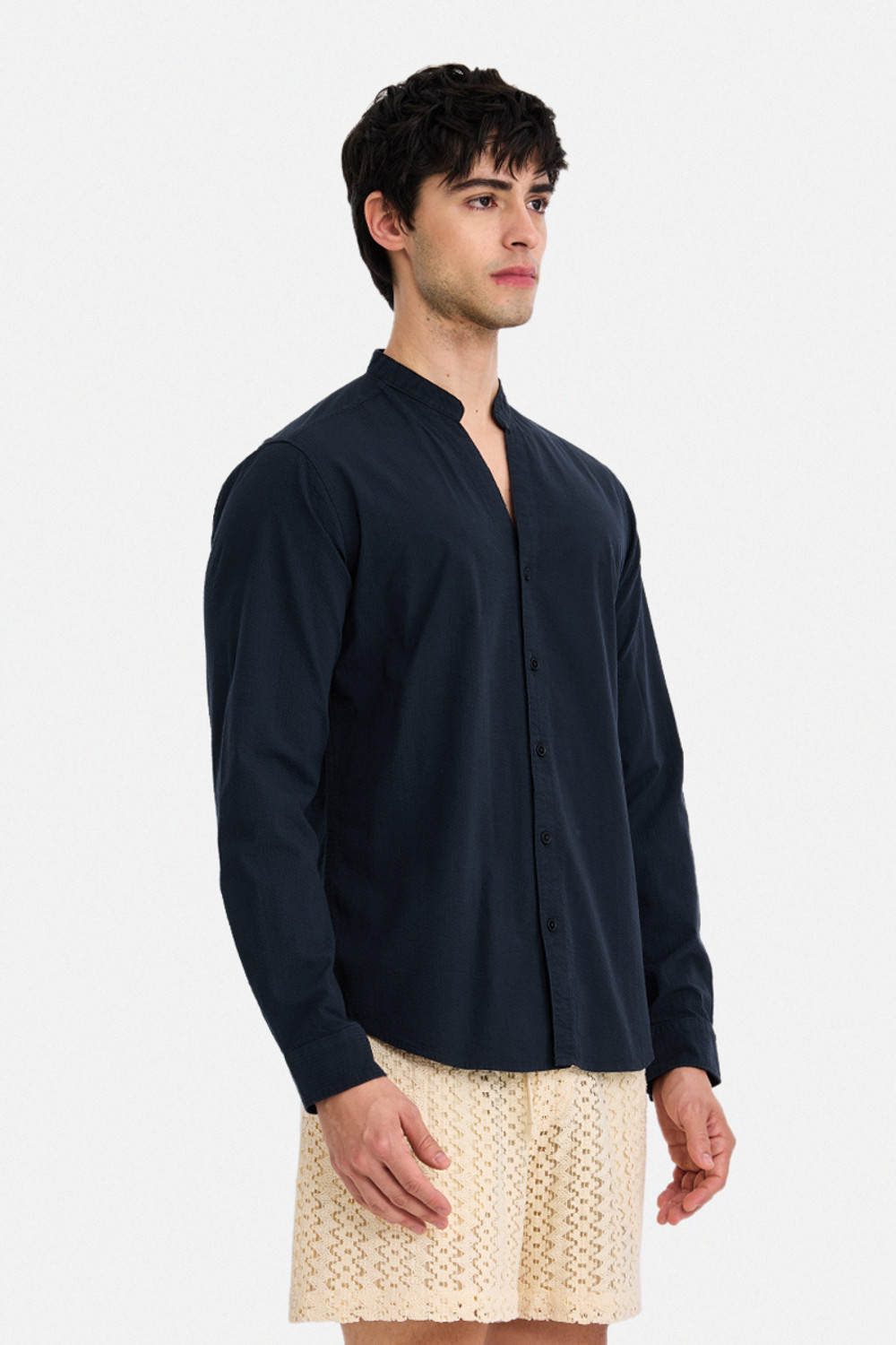 Image of Snitch Men Solid Casual Dark Blue Shirt