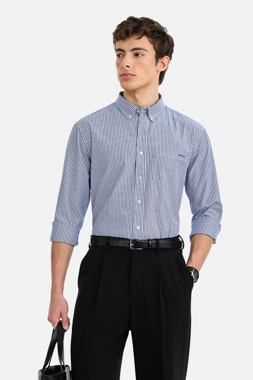 Image of Snitch Men Striped Casual Dark Blue Shirt