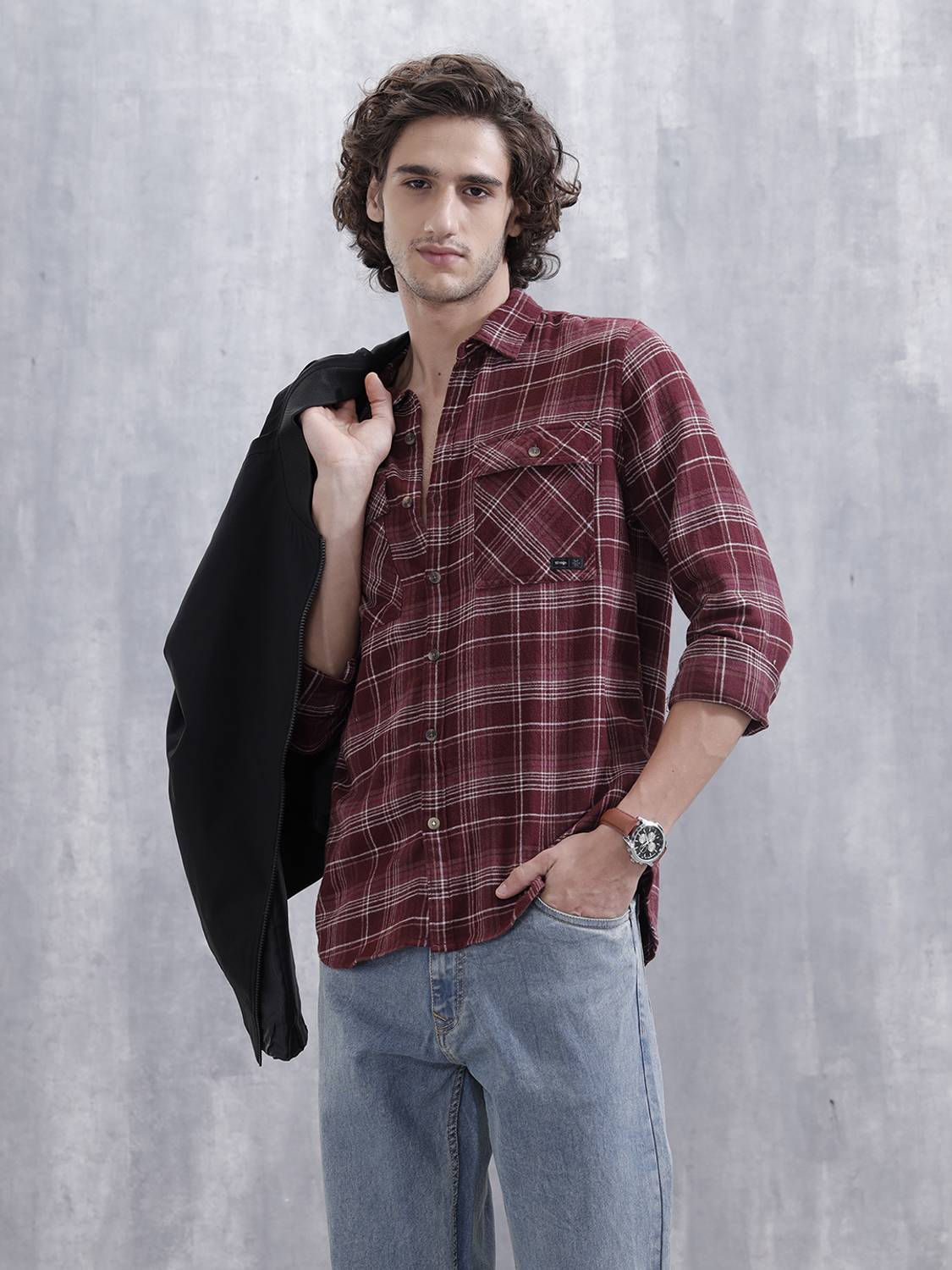 WROGN Men Checkered Maroon Shirt - Image 1