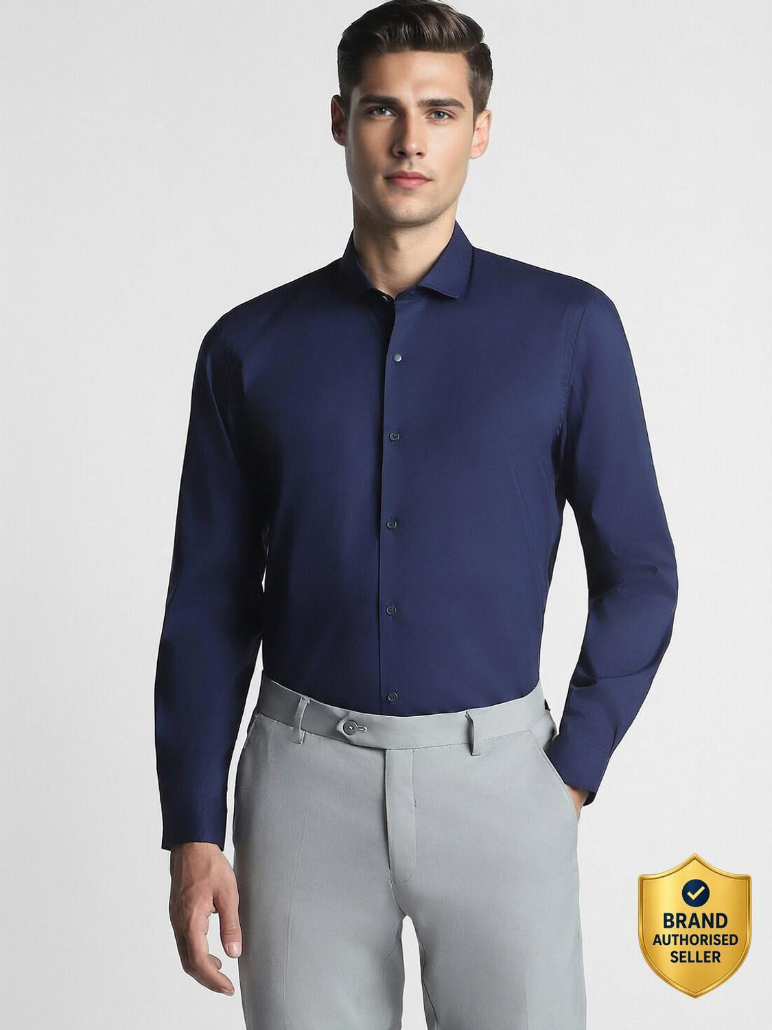 Image of PETER ENGLAND Men Solid Casual Dark Blue Shirt