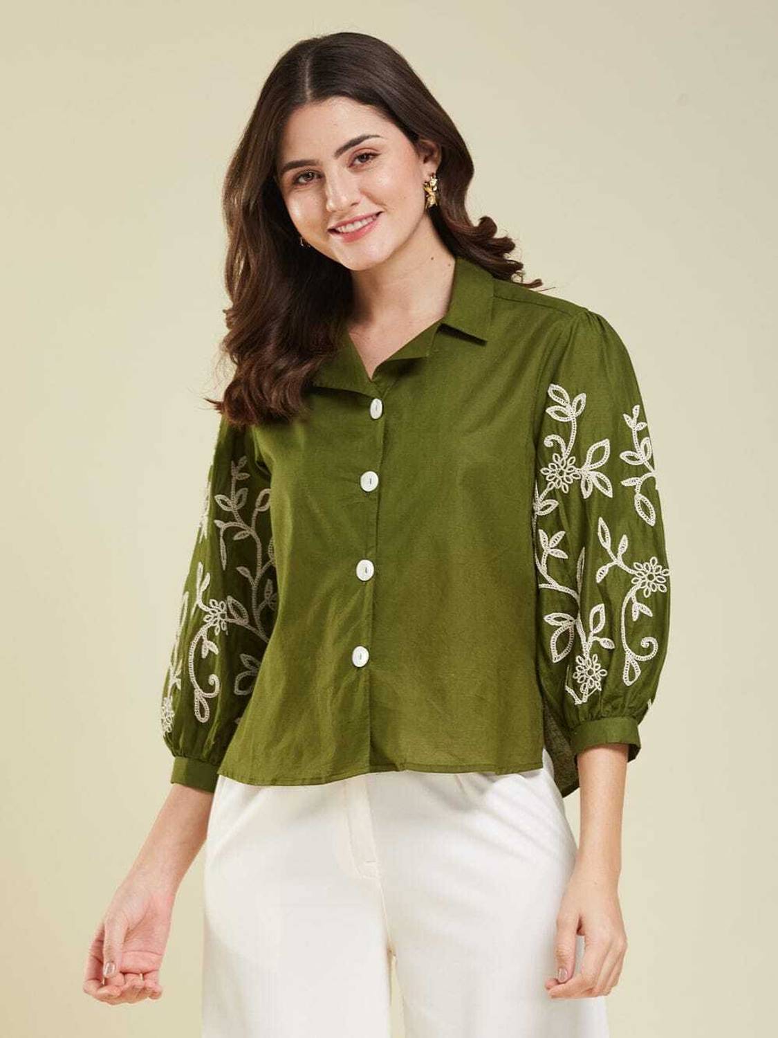 Wiora Women Embroidered Casual Green, White Shirt
