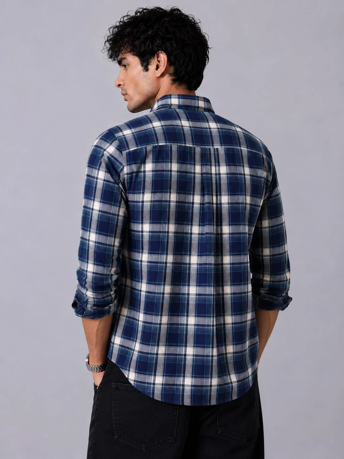Image of Xkind Men Checkered Casual Dark Blue Shirt