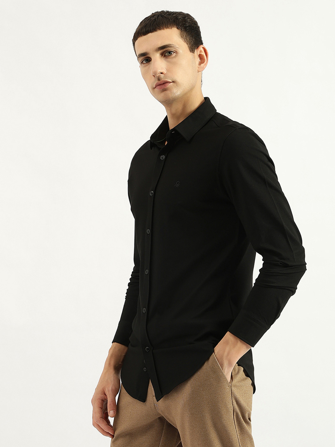 Image of United Colors of Benetton Men Solid Casual Black Shirt