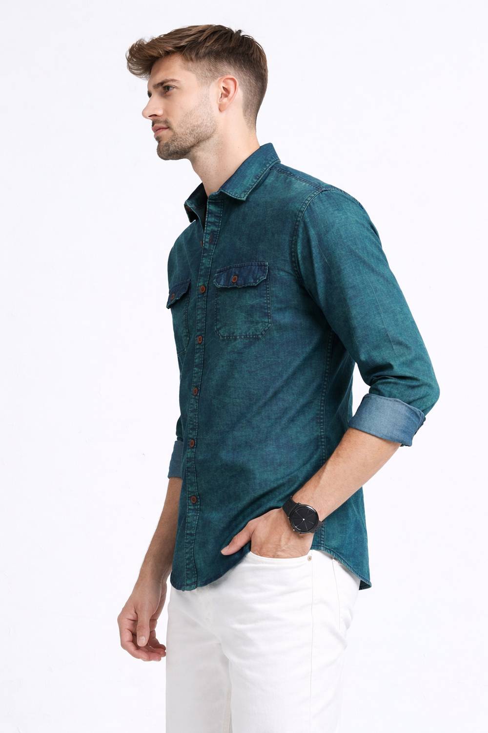 AIDAN Men Washed Casual Green Shirt - Image 3