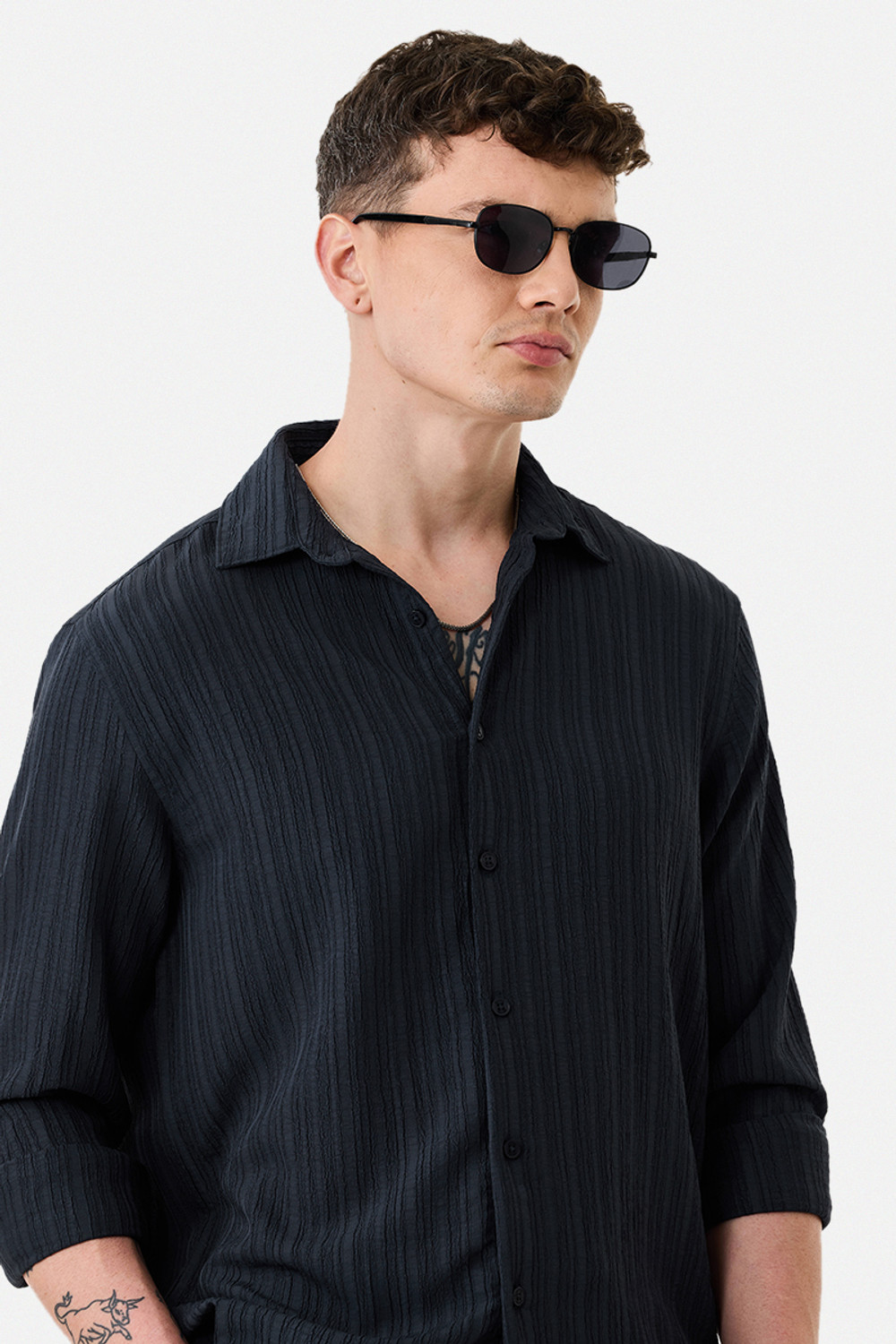 Image of Snitch Men Self Design Casual Dark Blue Shirt