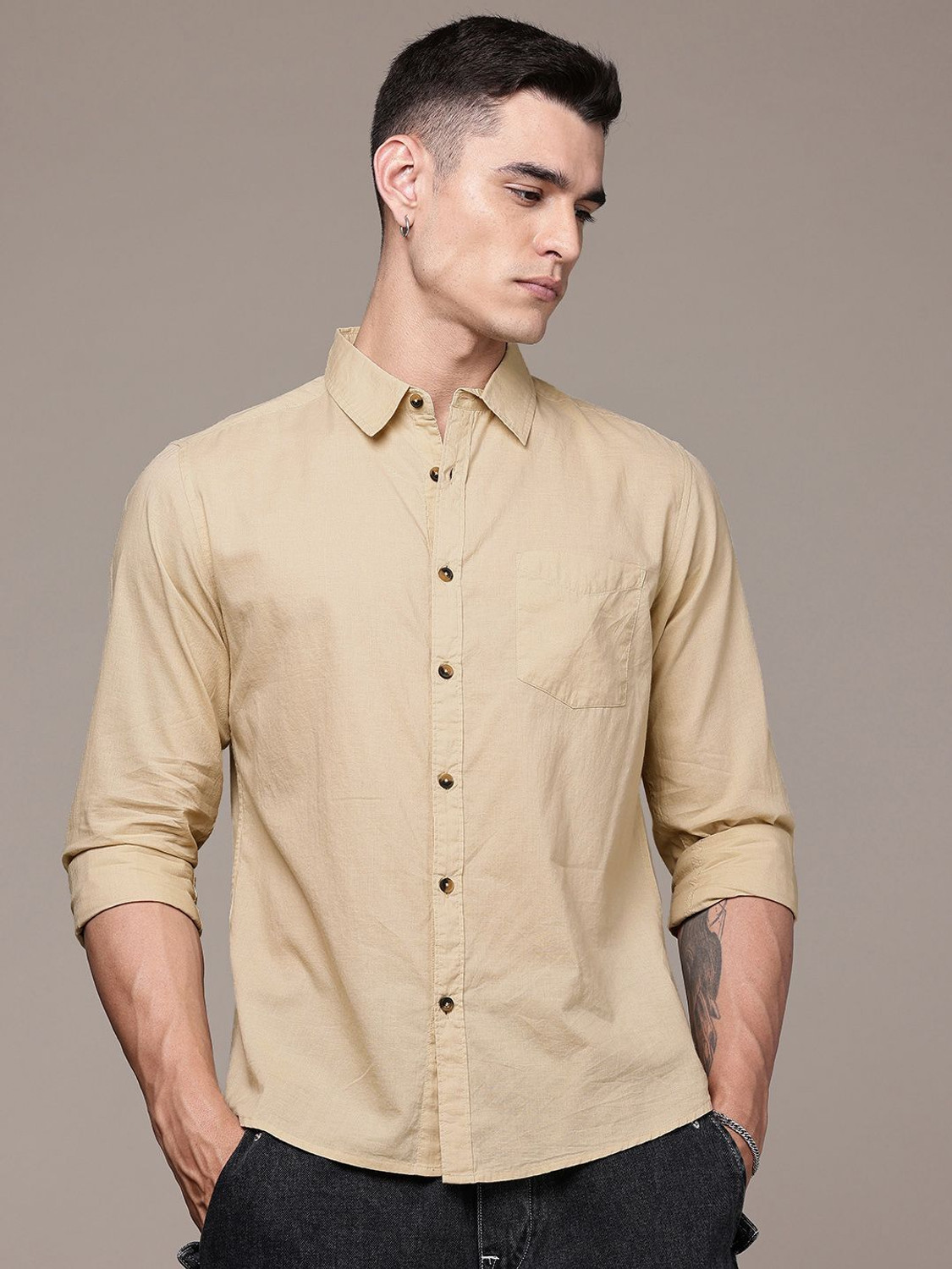 Image of Roadster Men Solid Casual Beige Shirt