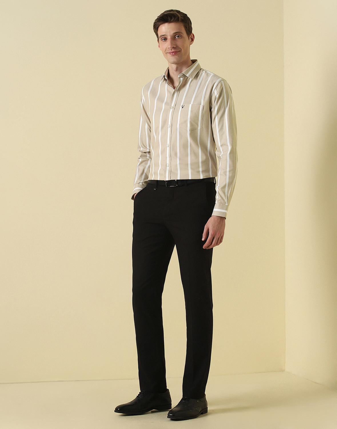 Image of Allen Solly Men Striped Casual Beige Shirt