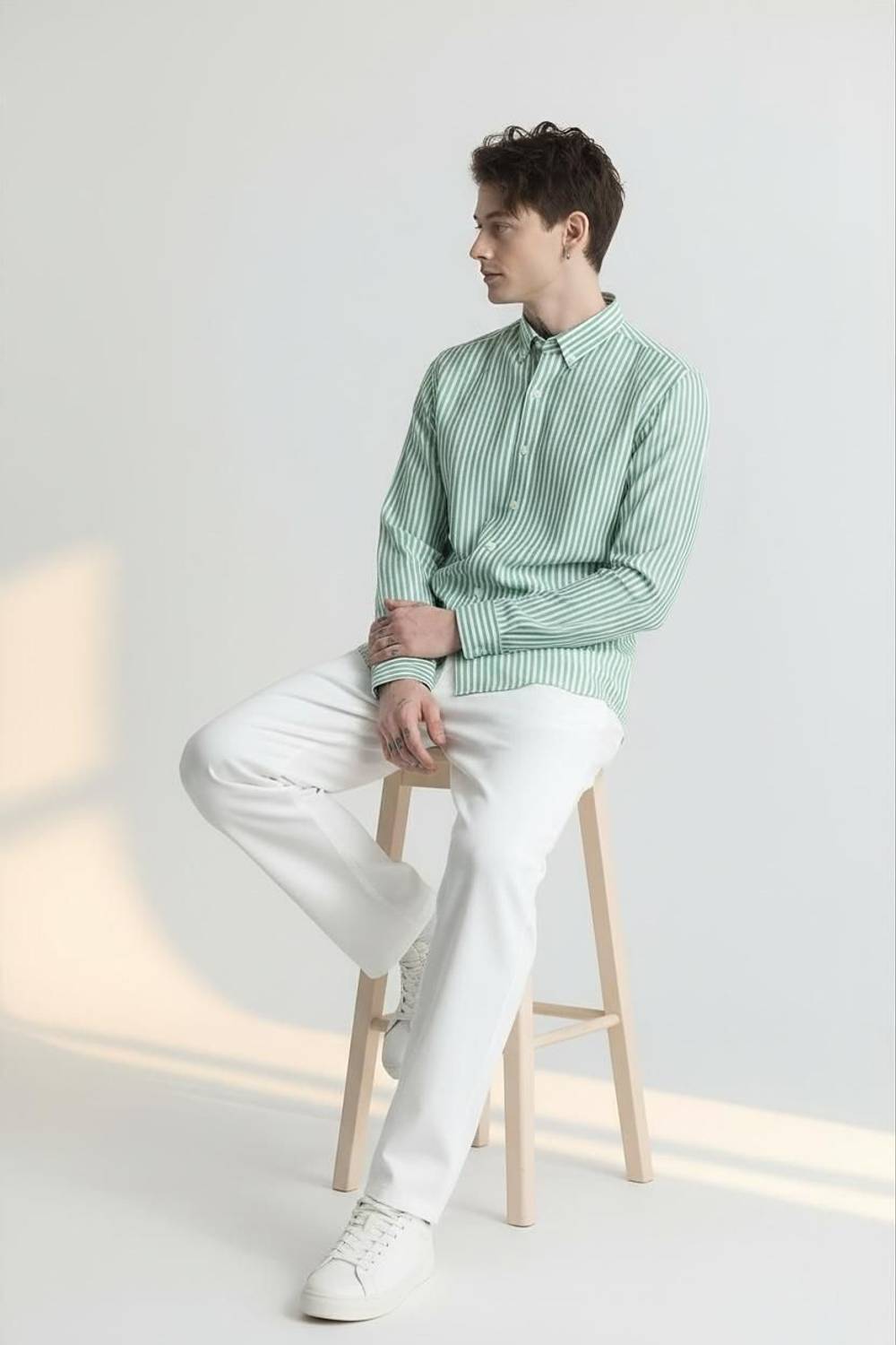 RODEIZ Men Green, White Striped Casual Shirt - Image 4
