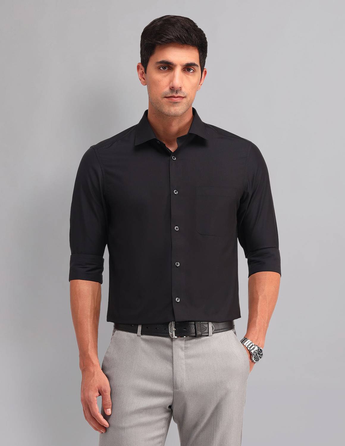 AD by Arvind Men Solid Casual Black Shirt
