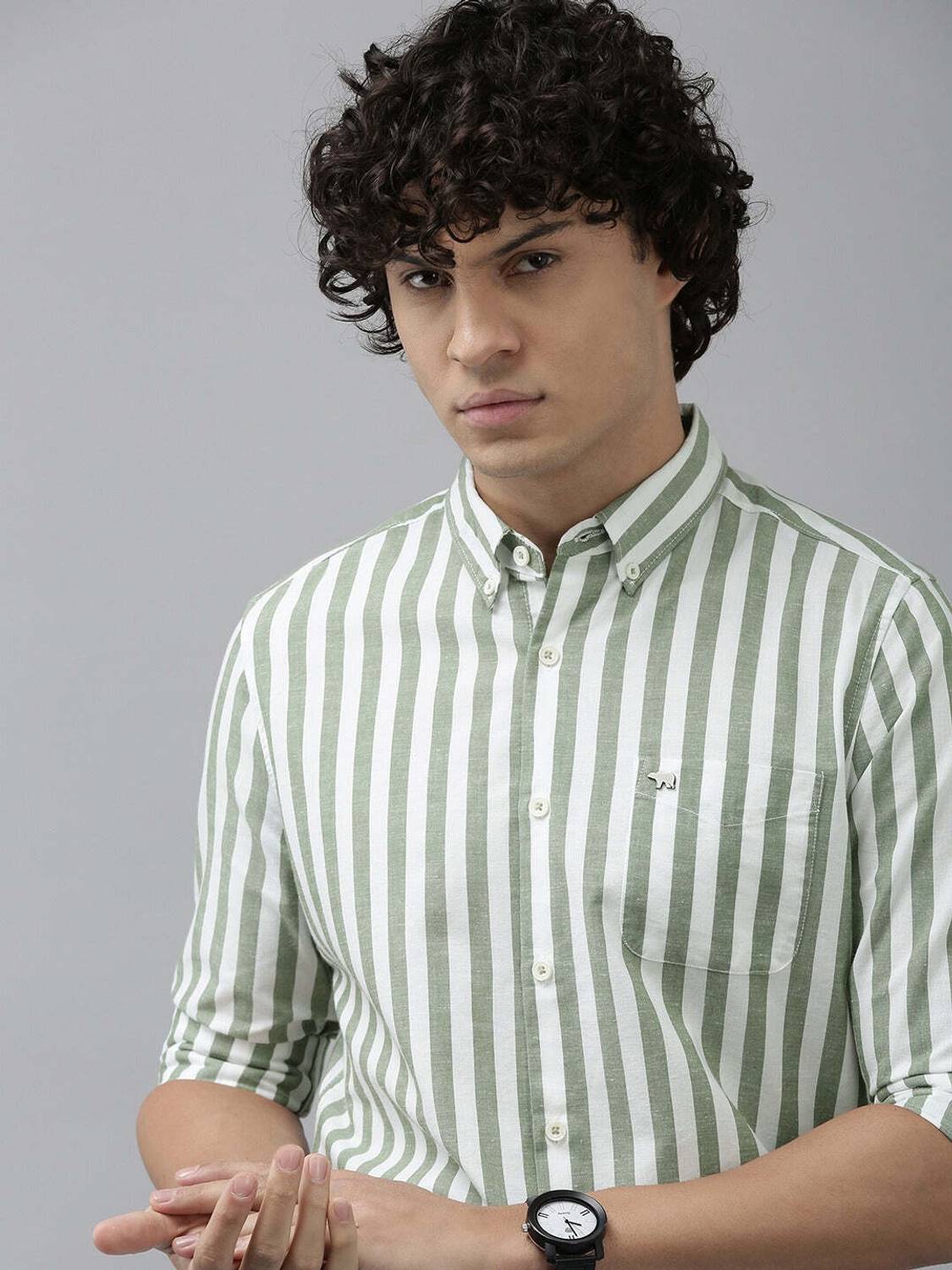THE BEAR HOUSE Men Striped Casual Green, White Shirt