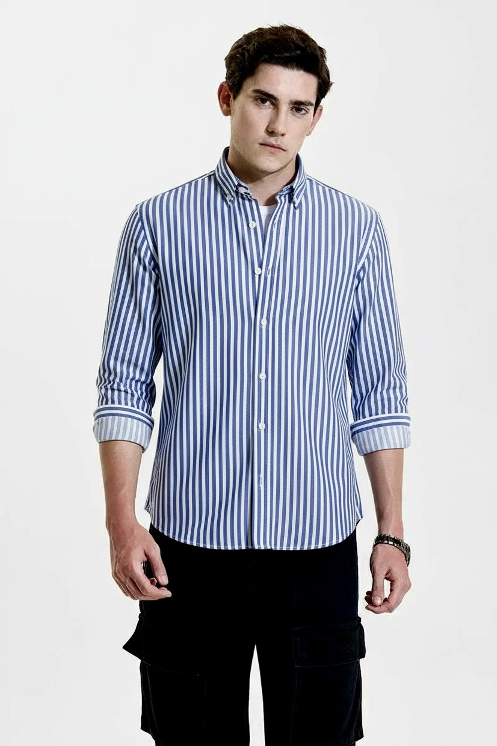 Image of RODEIZ Men Striped Casual Dark Blue, White Shirt