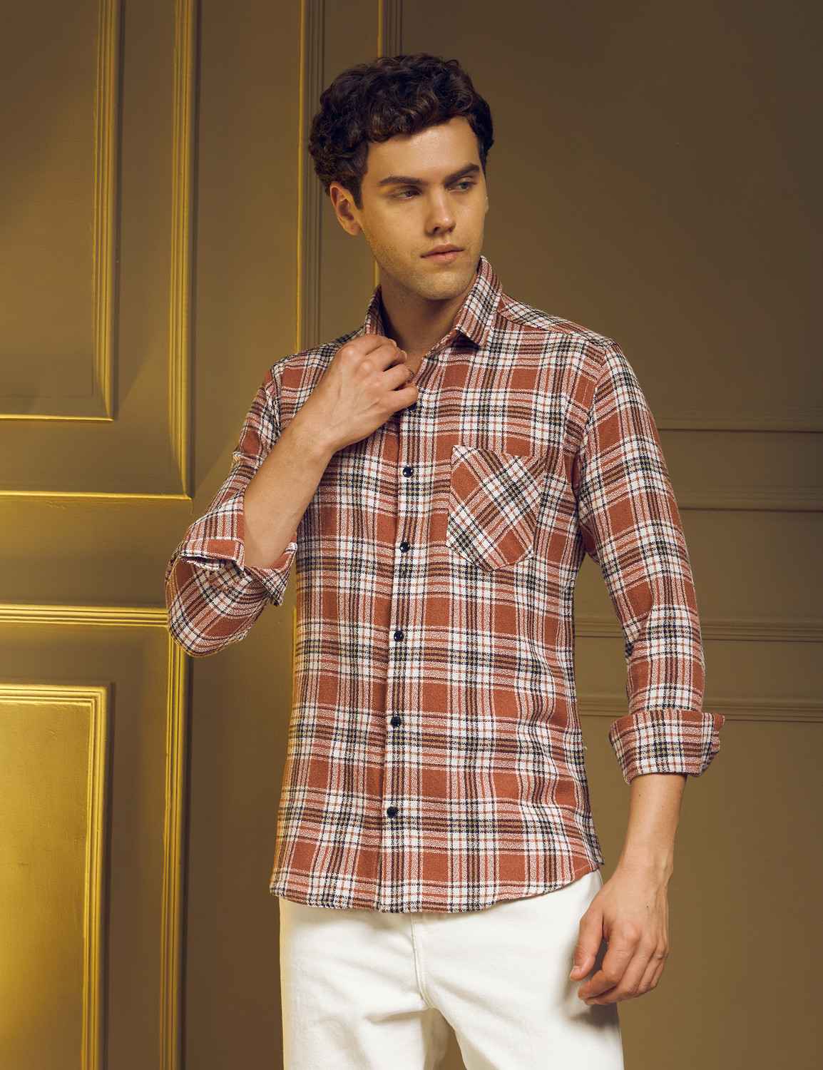 Image of WOXEN Men Checkered Casual Orange Shirt