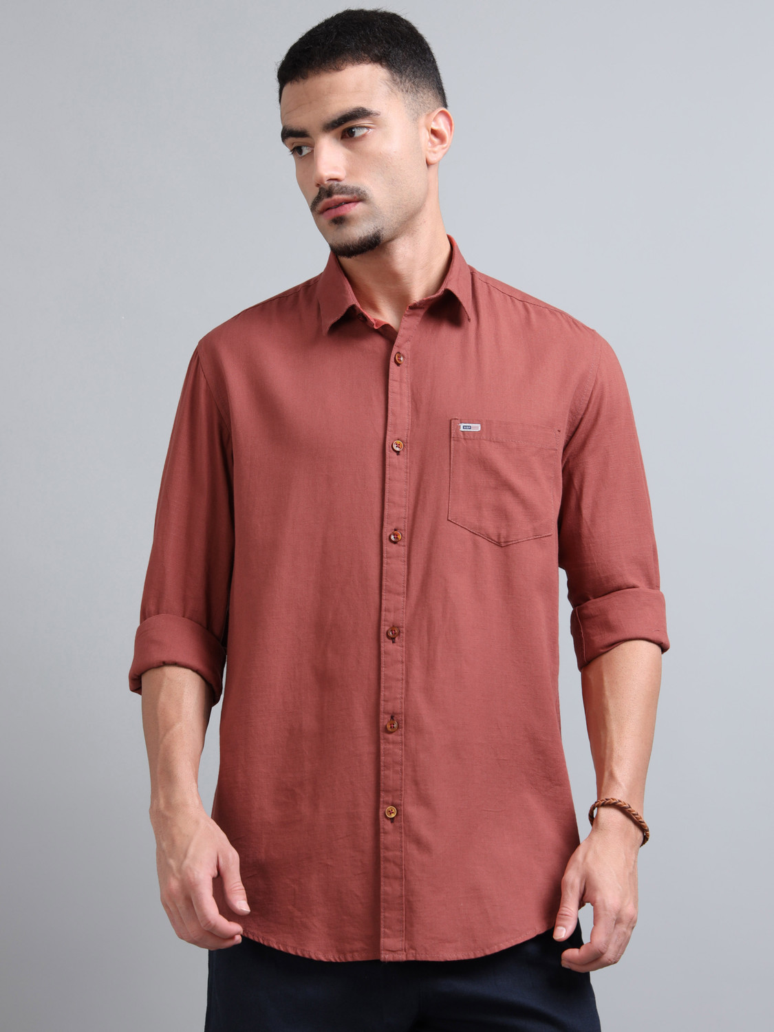 Image of U.S. Pitchers Men Solid Casual Brown Shirt