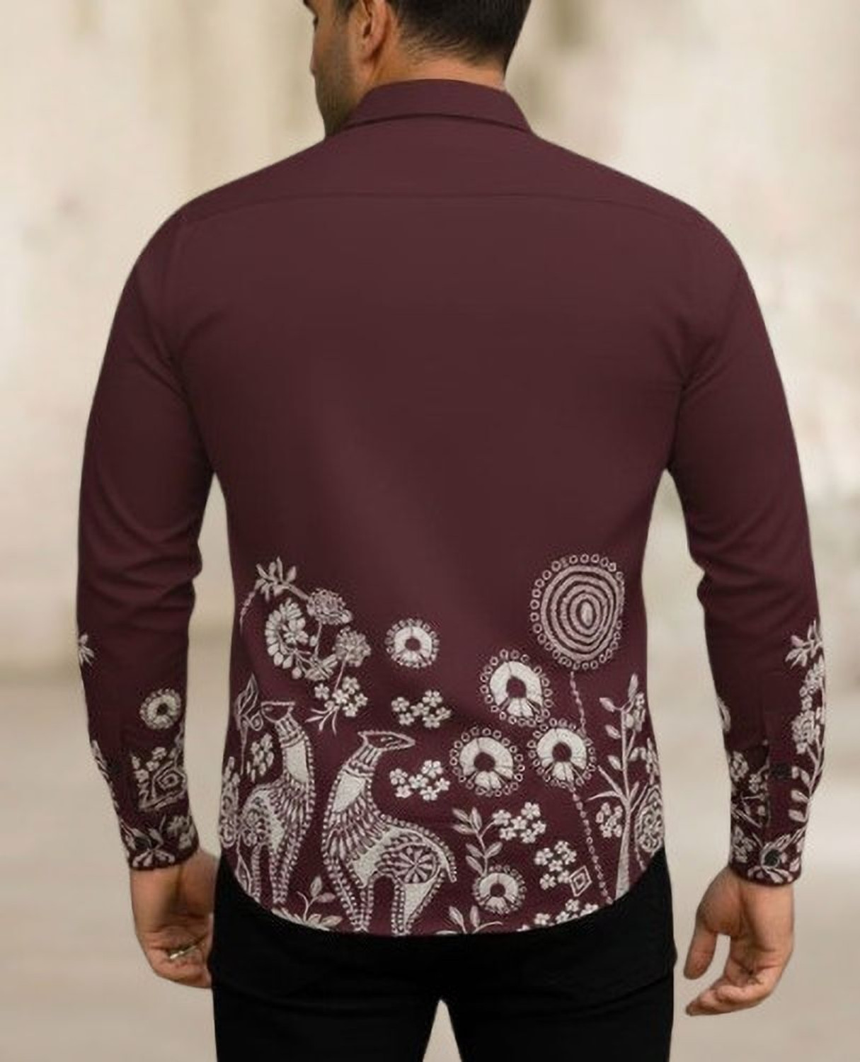 Image of Zonly Men Self Design Casual Maroon, Green Shirt