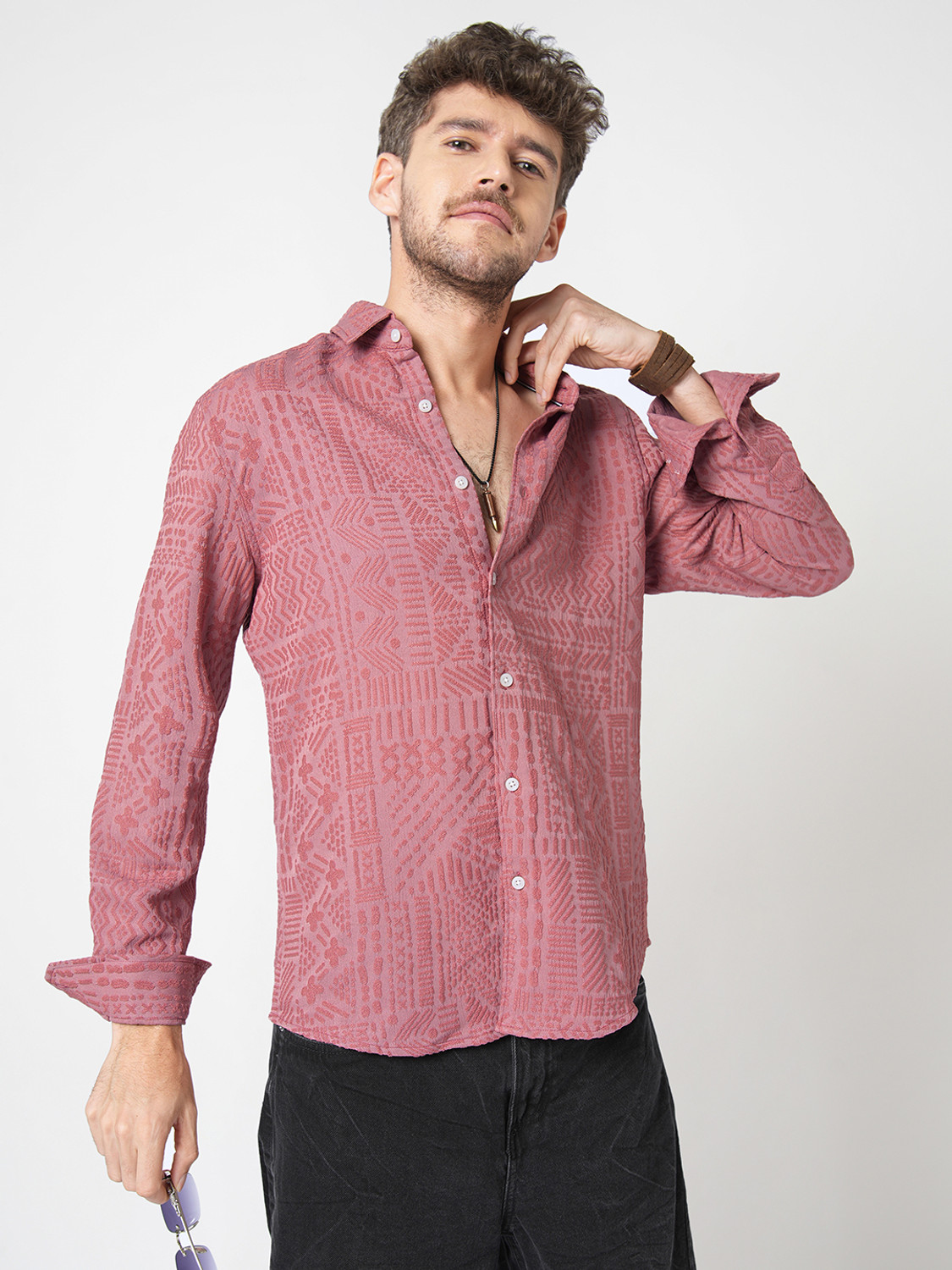 Image of VASTRADO Men Self Design Casual Pink Shirt