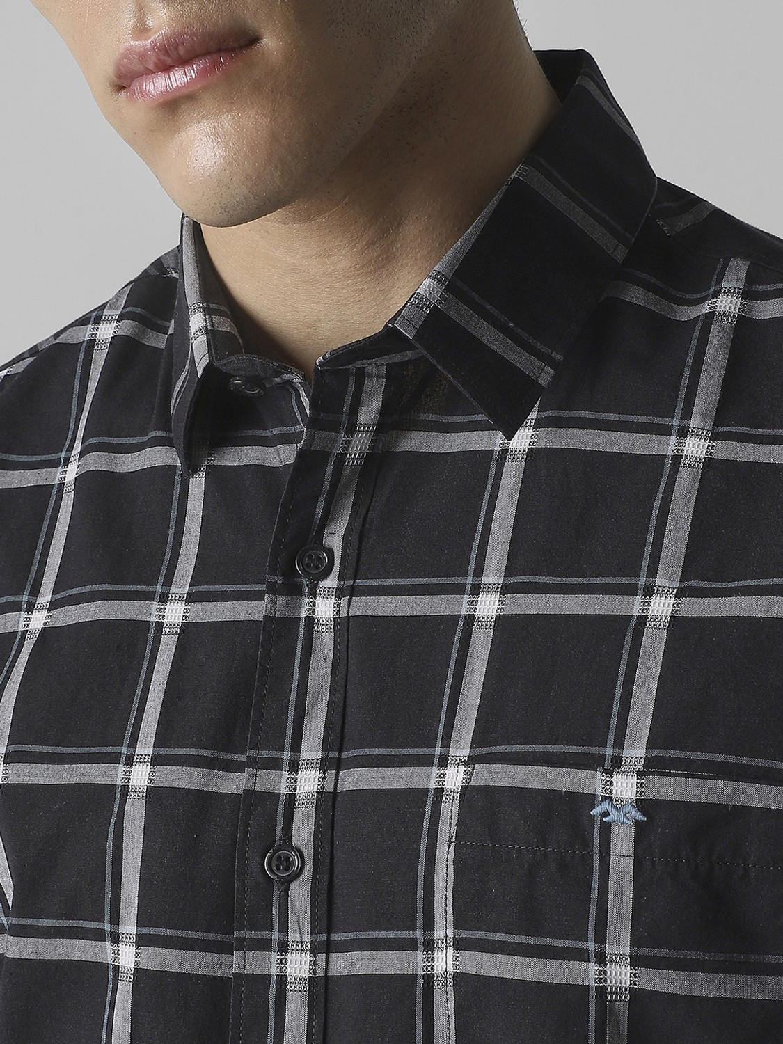 Image of MUFTI Men Checkered Casual Black, White, Light Blue Shirt