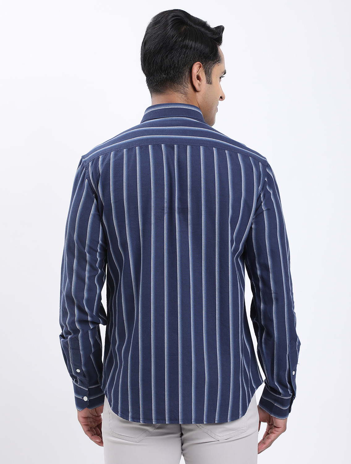 Image of INDIAN TERRAIN Men Striped Casual Dark Blue Shirt