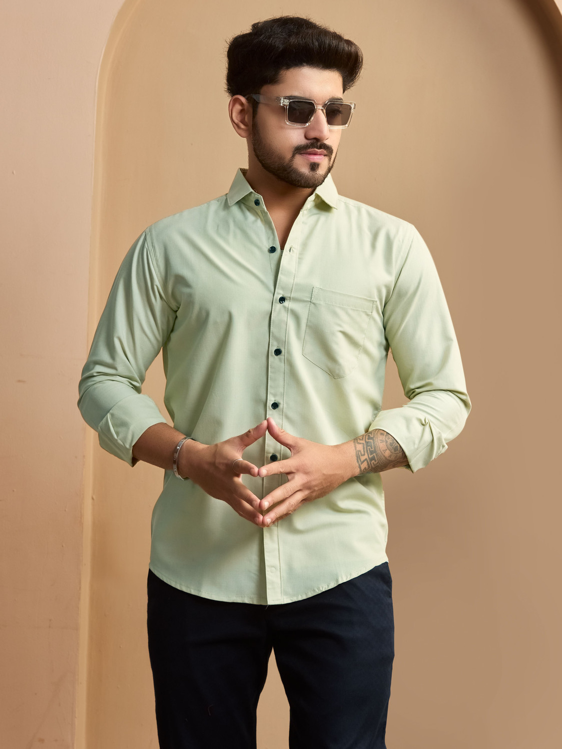 Image of STONEBERG Men Solid Formal Light Green Shirt