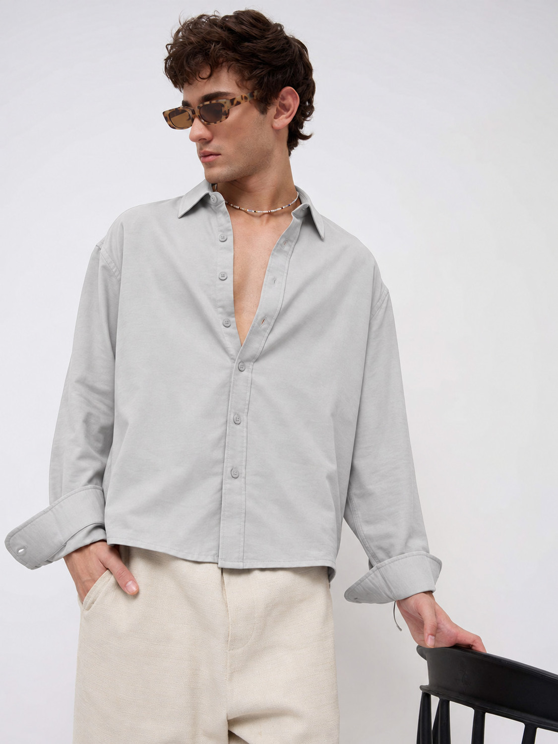 Image of WE KAIKA Men Solid Casual Grey Shirt