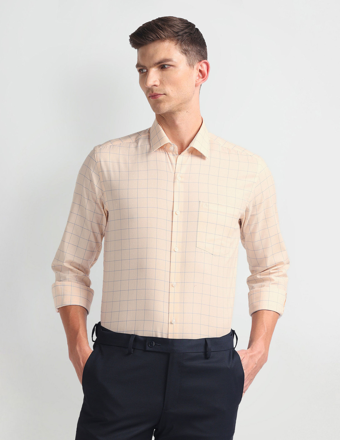 Image of ARROW Men Checkered Formal Orange, Blue Shirt