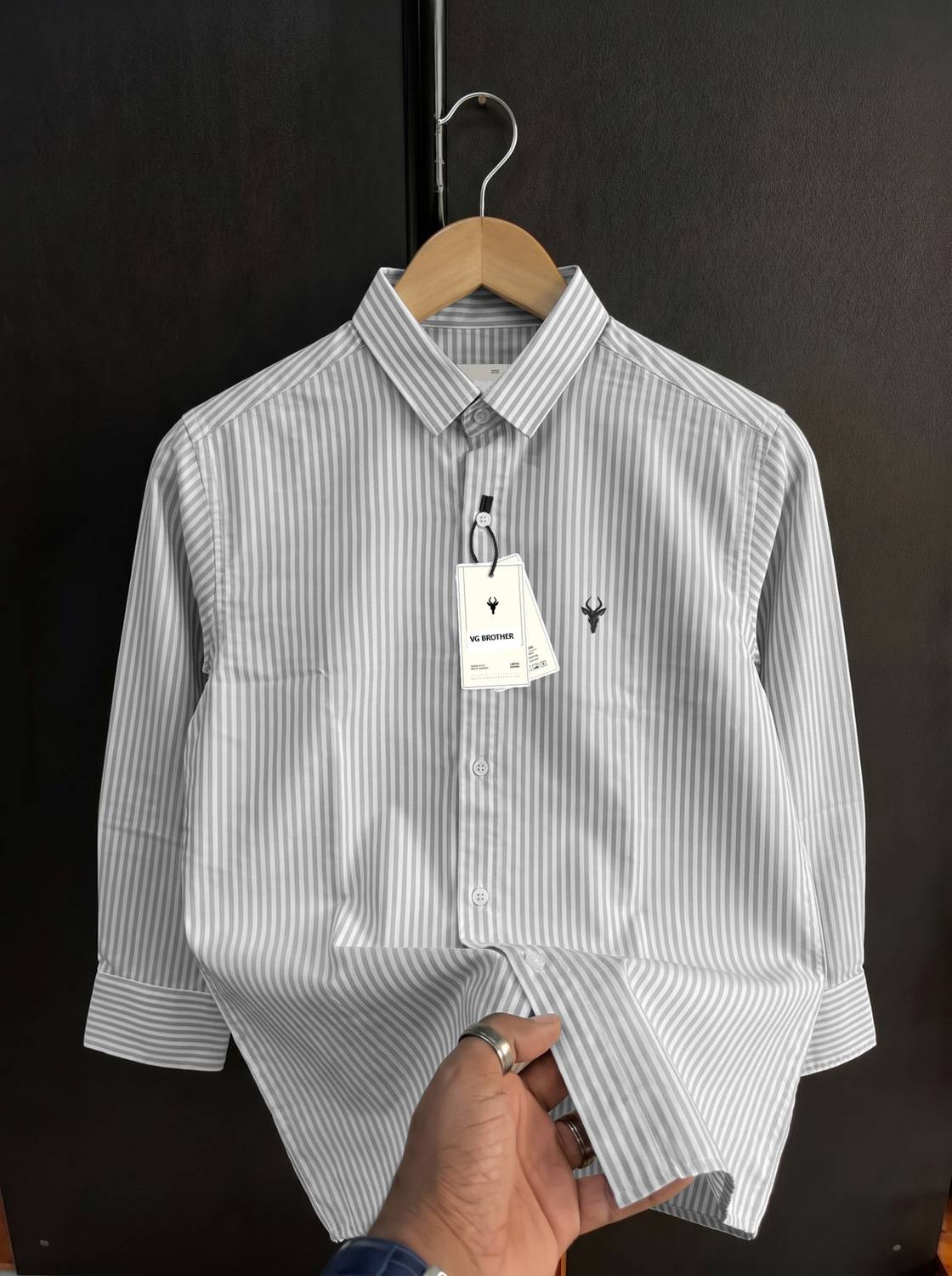 VG BROTHER Men Striped Casual Grey, White Shirt - Image 1