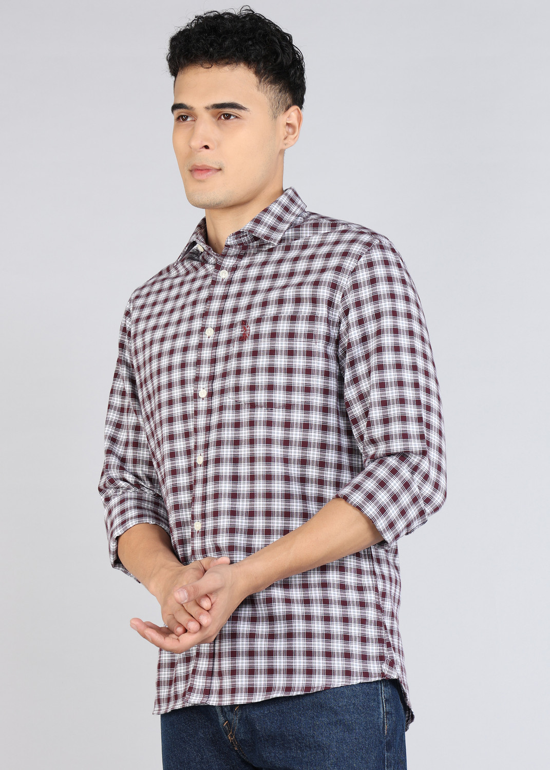 Image of U.S. POLO ASSN. Men Tailored Fit Checkered Cut Away Collar Casual Shirt